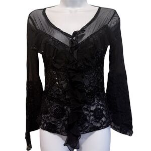 Y2K Vintage Goth Black Lace Ruffle Front Blouse with Sequins
